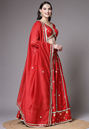 Foil Printed Dupion Lehenga in Red