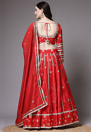 Foil Printed Dupion Lehenga in Red