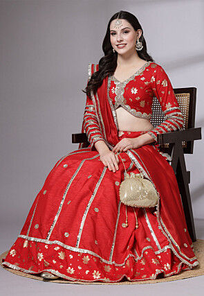 Foil Printed Dupion Lehenga in Red