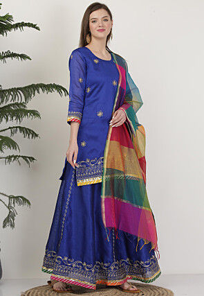 Embroidered Dupion Silk Lehenga in Royal Blue