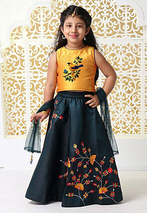 Embroidered Dupion Silk Lehenga in Teal Blue