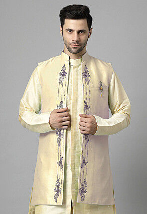 Embroidered Dupion Silk Long Jacket in Cream
