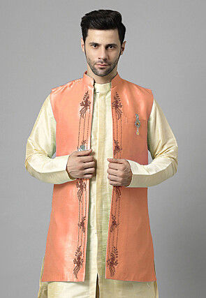 Embroidered Dupion Silk Long Jacket in Peach