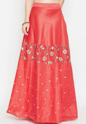 Embroidered Dupion Silk Long Skirt in Coral Red