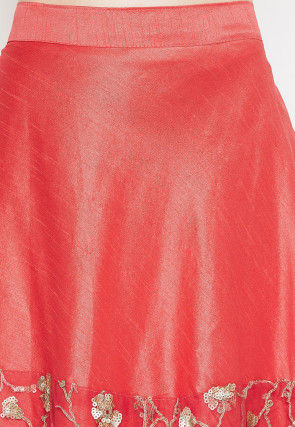 Embroidered Dupion Silk Long Skirt in Coral Red
