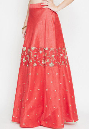 Embroidered Dupion Silk Long Skirt in Coral Red