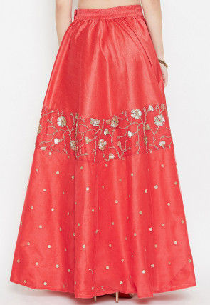 Embroidered Dupion Silk Long Skirt in Coral Red