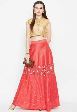 Embroidered Dupion Silk Long Skirt in Coral Red