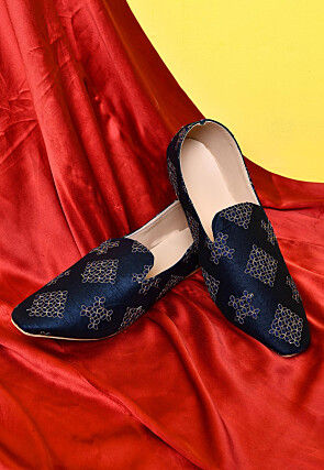 Embroidered Dupion Silk Men Loafer in Navy Blue