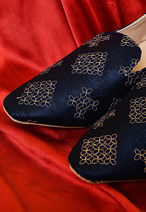 Embroidered Dupion Silk Men Loafer in Navy Blue