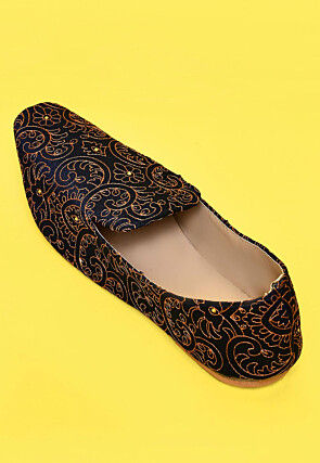 Embroidered Dupion Silk Men Loafer in Navy Blue
