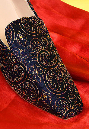 Embroidered Dupion Silk Men Loafer in Navy Blue