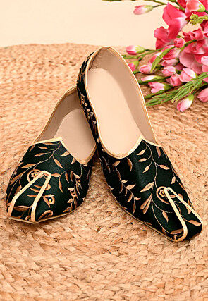 Embroidered Dupion Silk Men Mojari in Dark Green
