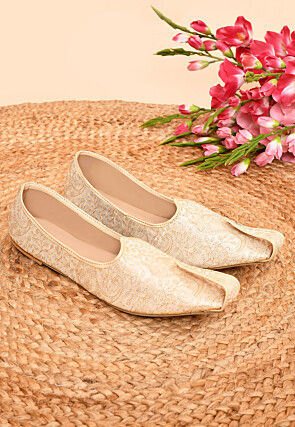 Embroidered Dupion Silk Men Mojari in Off White