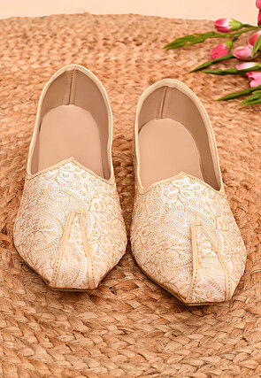 Embroidered Dupion Silk Men Mojari in Off White