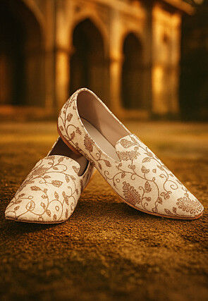 Embroidered Dupion Silk Men Mojaris in Cream