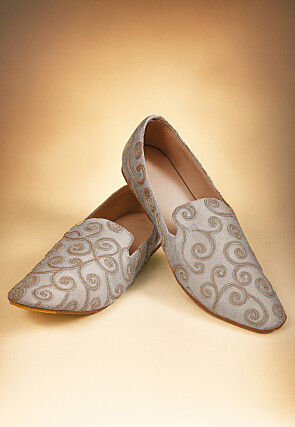 Embroidered Dupion Silk Men Mojaris in Grey