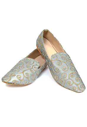 Embroidered Dupion Silk Men Mojaris in Grey