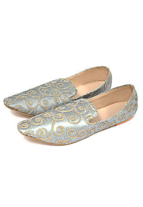 Embroidered Dupion Silk Men Mojaris in Grey