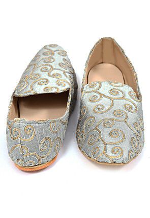 Embroidered Dupion Silk Men Mojaris in Grey