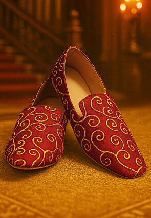 Embroidered Dupion Silk Men Mojaris in Red