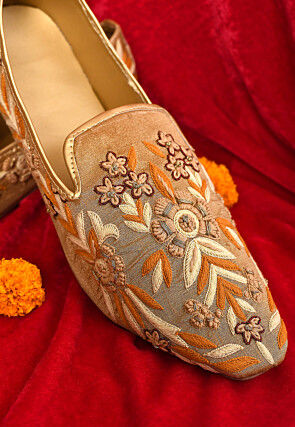 Embroidered Dupion Silk Men Mojari in Beige