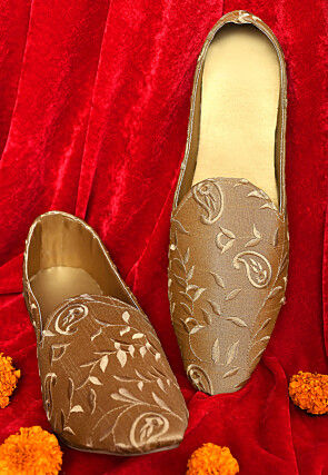 Embroidered Dupion Silk Men Mojari in Beige