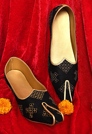 Embroidered Dupion Silk Men Mojari in Black