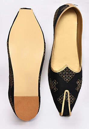 Embroidered Dupion Silk Men Mojari in Black