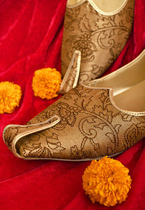Embroidered Dupion Silk Men Mojari in Brown