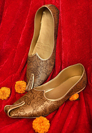 Embroidered Dupion Silk Men Mojari in Brown
