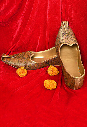 Embroidered Dupion Silk Men Mojari in Brown