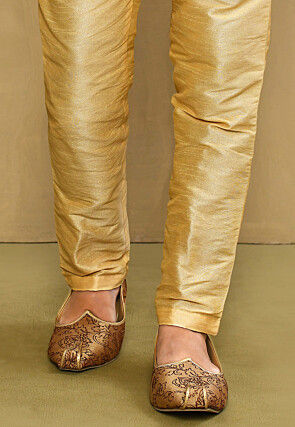 Embroidered Dupion Silk Men Mojari in Brown