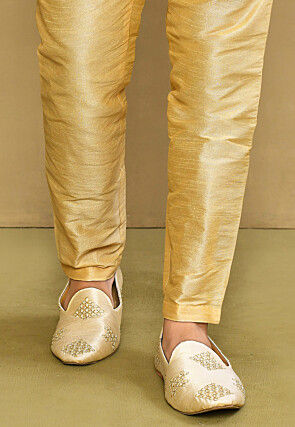 Embroidered Dupion Silk Men Mojari in Light Beige
