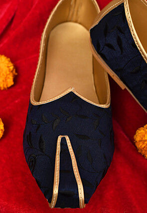 Embroidered Dupion Silk Men Mojari in Navy Blue