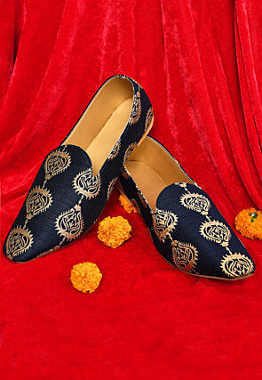 Embroidered Dupion Silk Men Mojari in Navy Blue