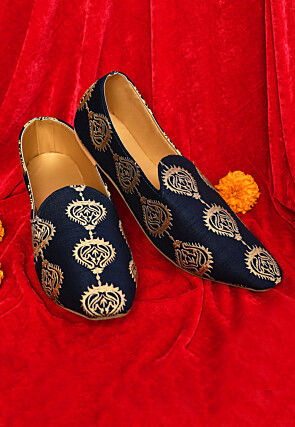 Embroidered Dupion Silk Men Mojari in Navy Blue
