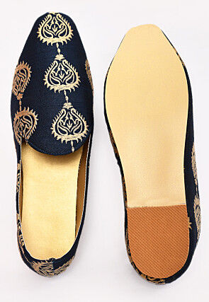 Embroidered Dupion Silk Men Mojari in Navy Blue
