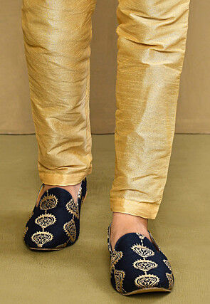 Embroidered Dupion Silk Men Mojari in Navy Blue