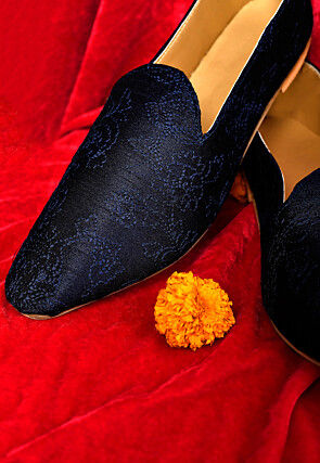 Embroidered Dupion Silk Men Mojari in Navy Blue