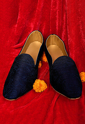 Embroidered Dupion Silk Men Mojari in Navy Blue