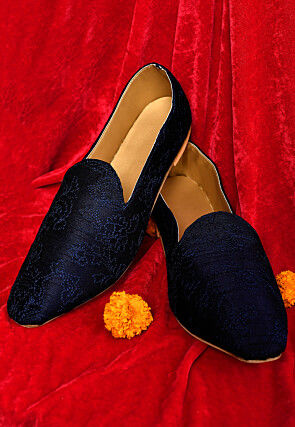 Embroidered Dupion Silk Men Mojari in Navy Blue