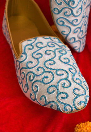 Embroidered Dupion Silk Men Mojari in White