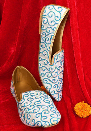 Embroidered Dupion Silk Men Mojari in White