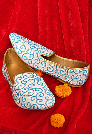 Embroidered Dupion Silk Men Mojari in White