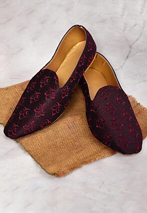 Embroidered Dupion Silk Men Mojari in Wine
