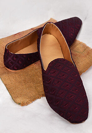 Embroidered Dupion Silk Men Mojari in Wine