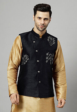 Embroidered Dupion Silk Nehru Jacket in Black