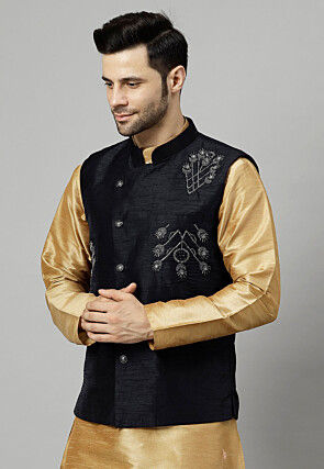 Embroidered Dupion Silk Nehru Jacket in Black