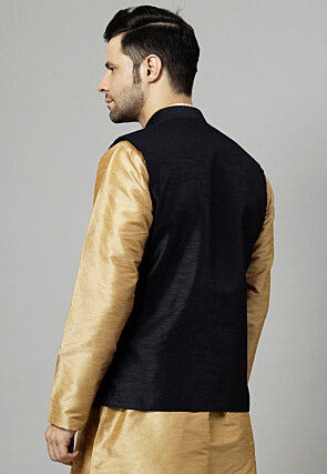 Embroidered Dupion Silk Nehru Jacket in Black
